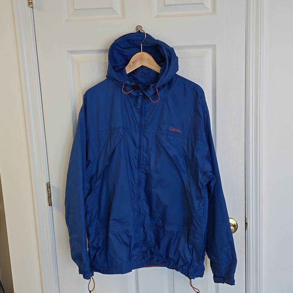 Cabela's Men's Blue Packable Hooded Full zip Windbreaker Raincoat Size Medium